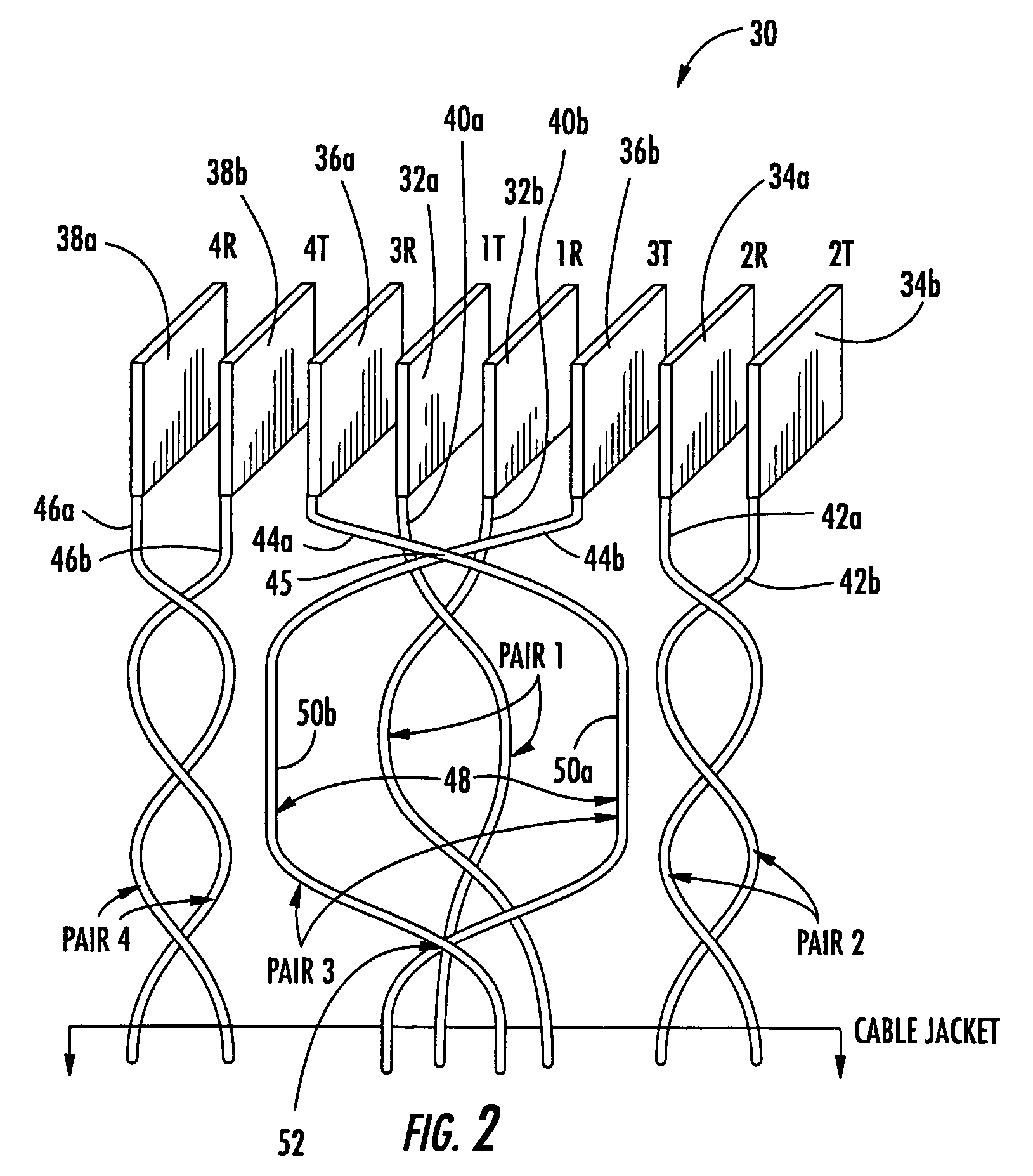 Communication plug with balanced wiring to reduce differential to common mode crosstalk