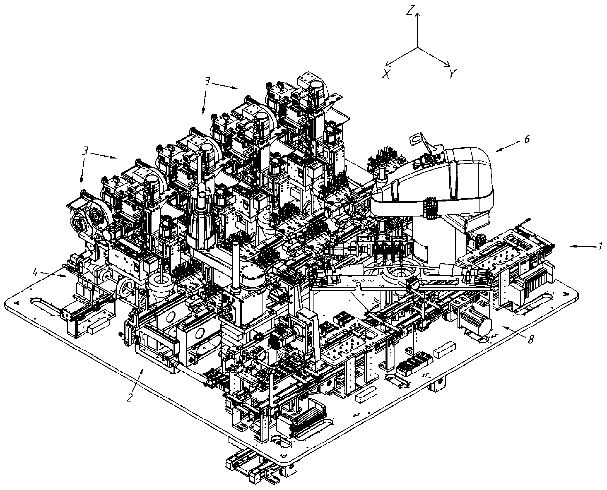 Full-automatic assembly line integrating feeding, positioning, film pasting and discharging