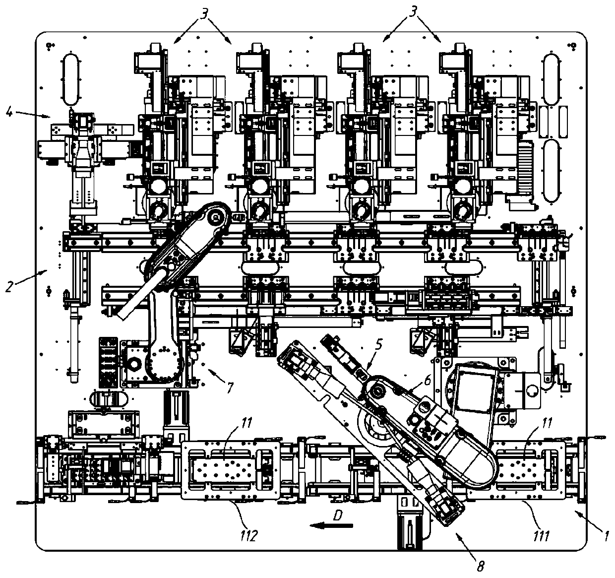 Full-automatic assembly line integrating feeding, positioning, film pasting and discharging