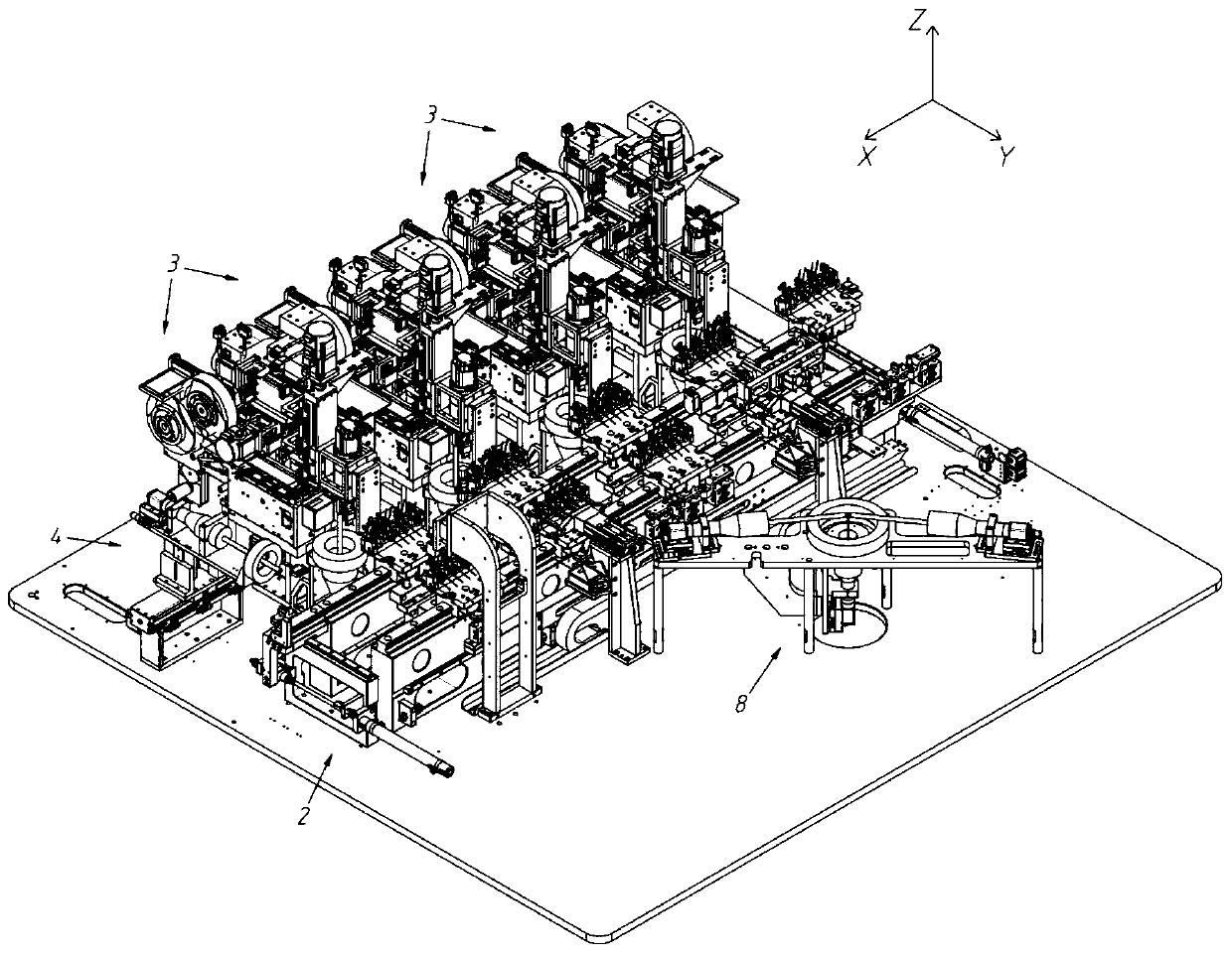 Full-automatic assembly line integrating feeding, positioning, film pasting and discharging