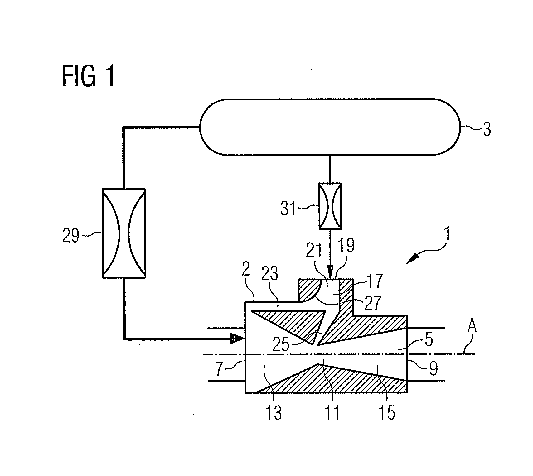 Turbine with fluidically-controlled valve and swirler with a bleed hole