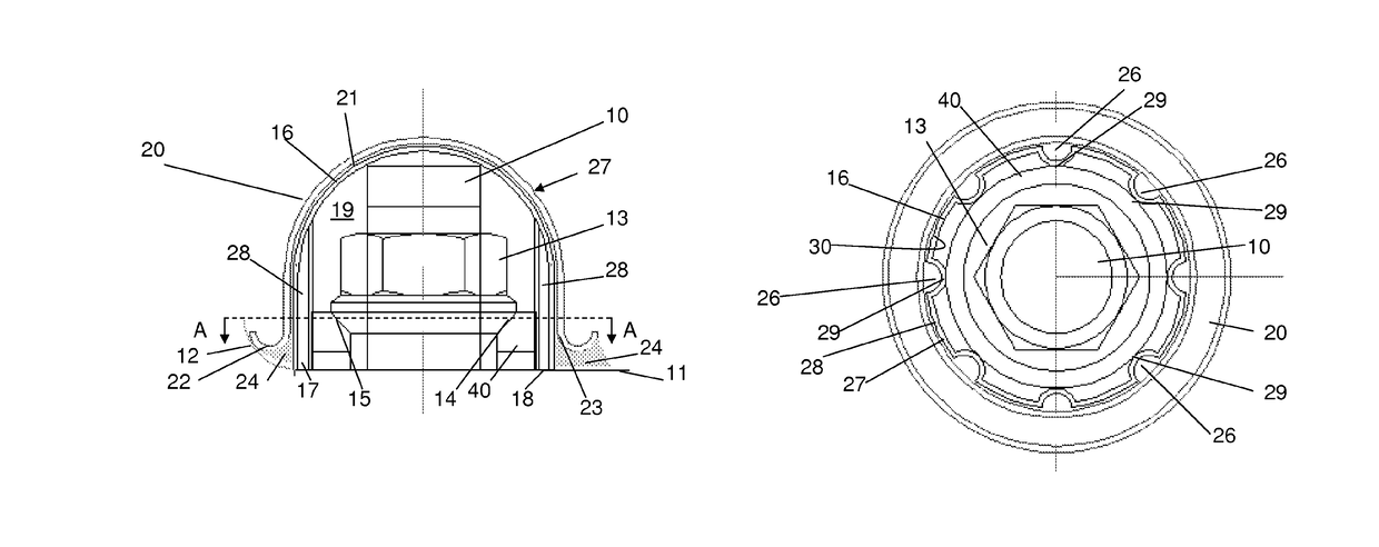 Cap with channels for forming a sealed cavity around fastener