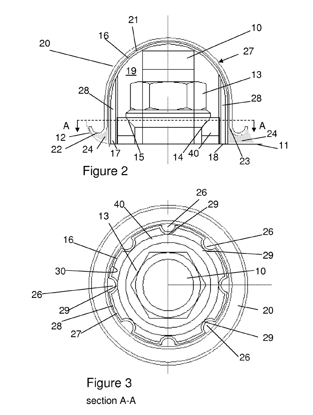 Cap with channels for forming a sealed cavity around fastener