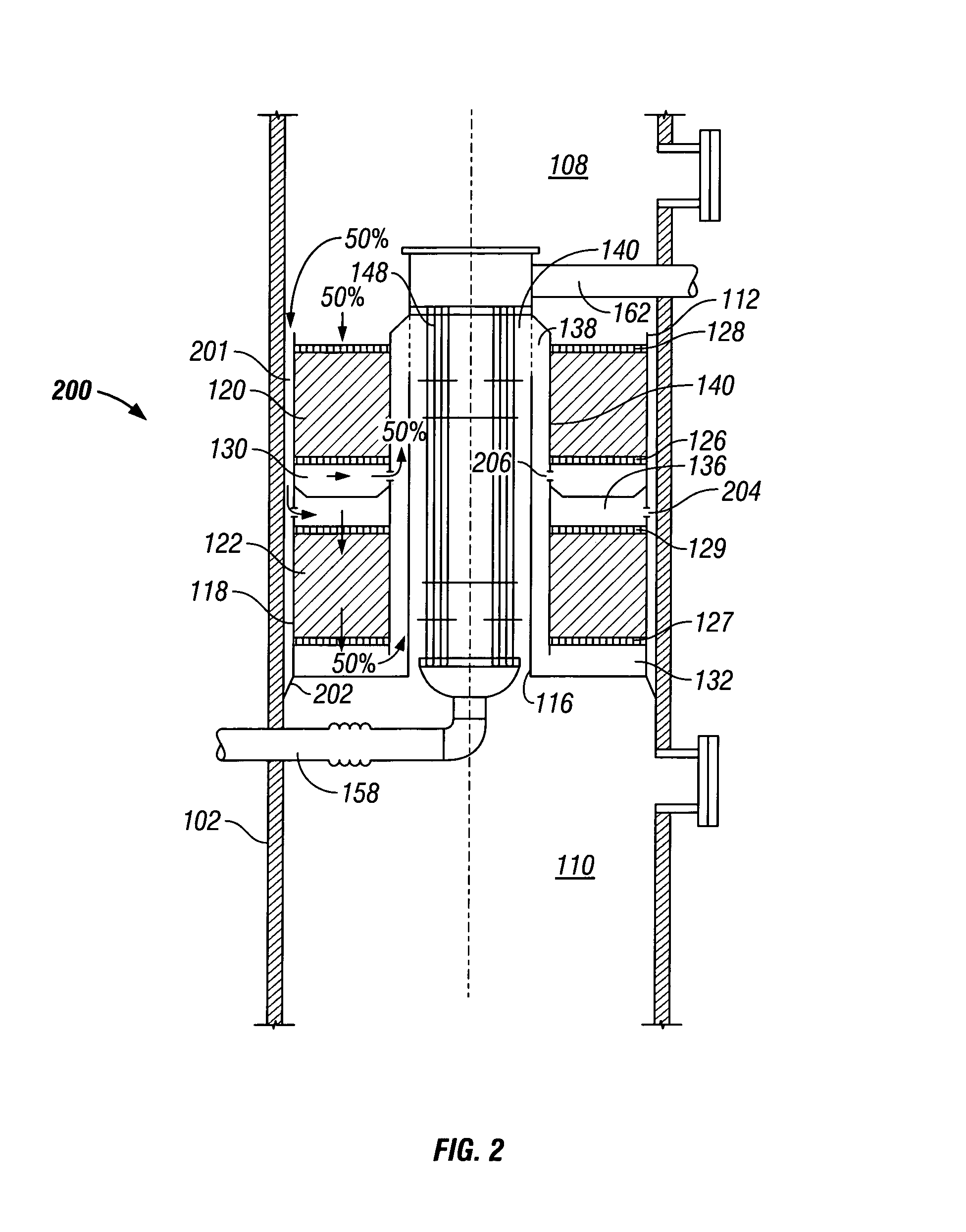 Split-flow, vertical ammonia converter