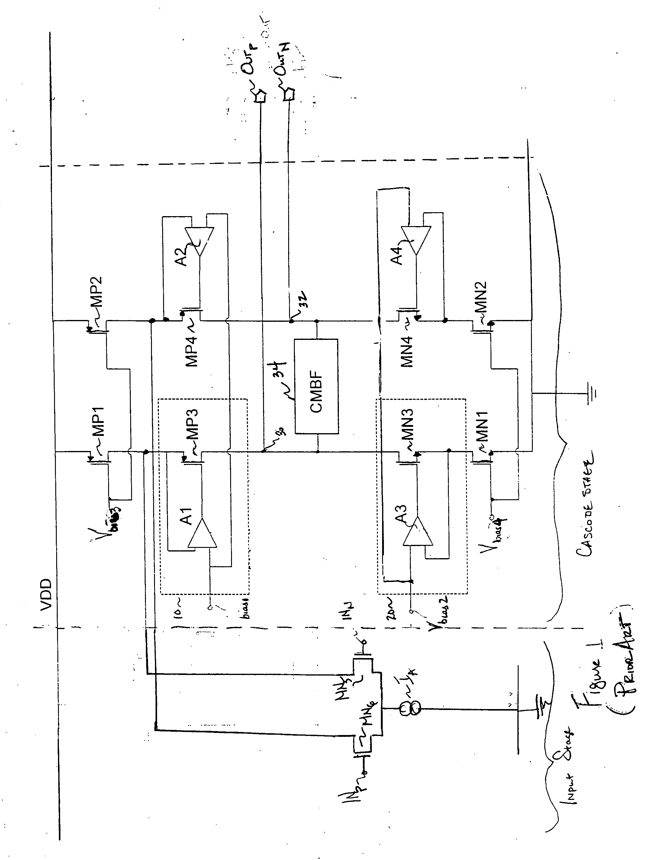 High-swing folded cascode having a novel gain-boost amplifier