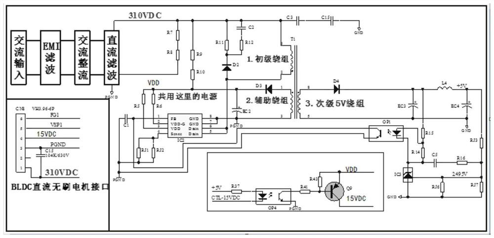 Cost-reducing and energy-saving bldc motor isolation power supply structure voltage adjustment method