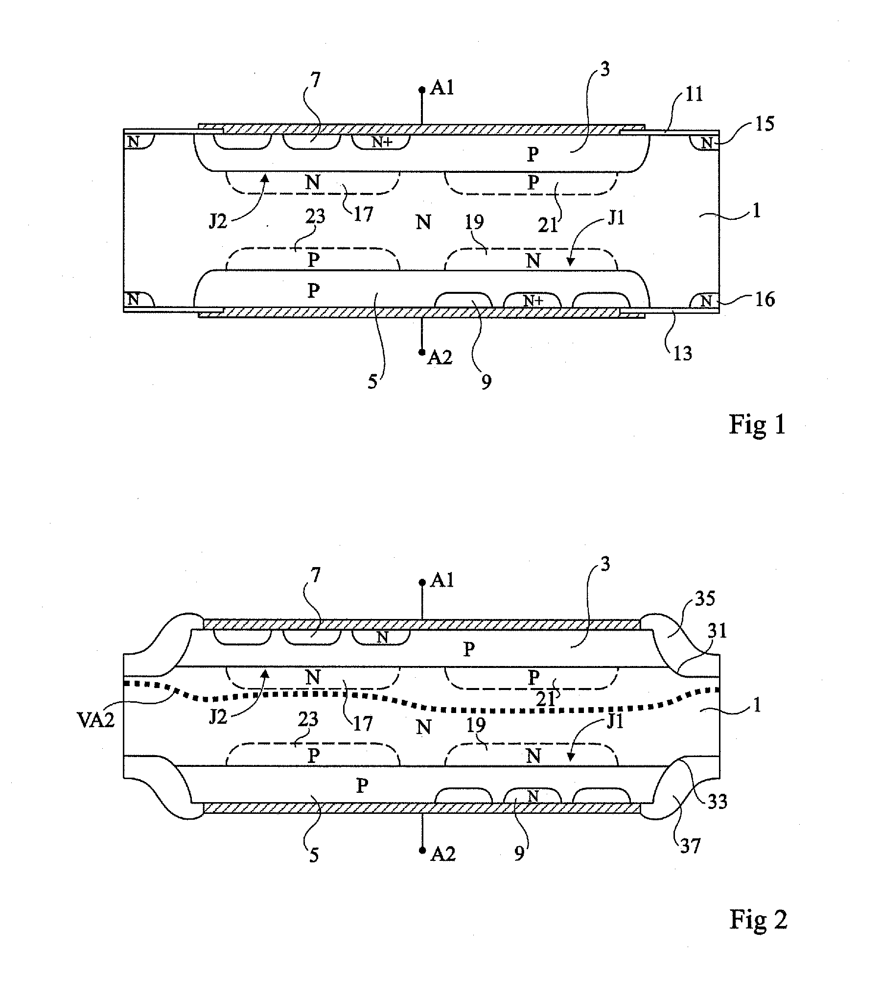 Bidirectional shockley diode with extended mesa