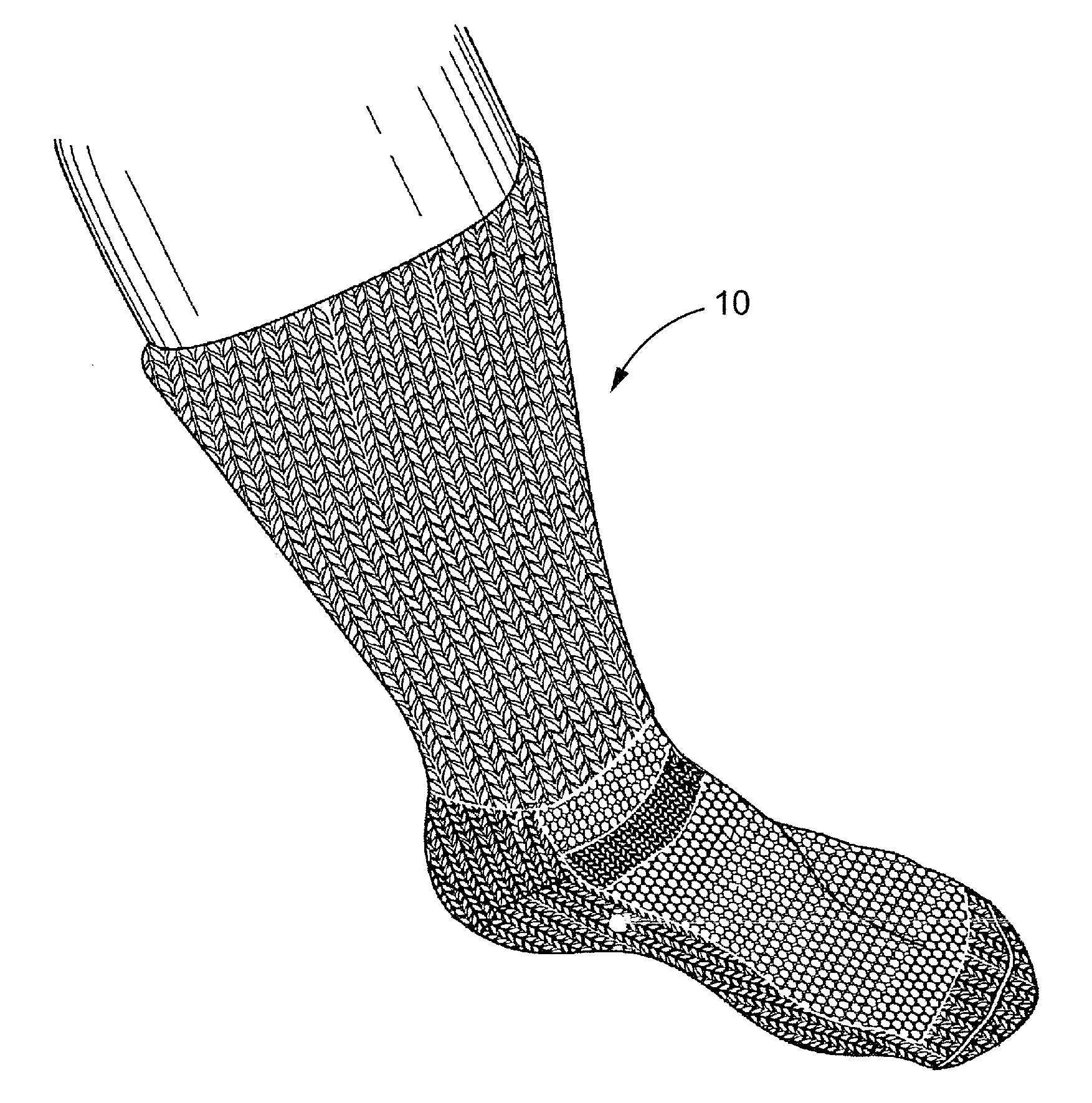 Sock for treatment of foot and leg wounds, methods of use and manufacture