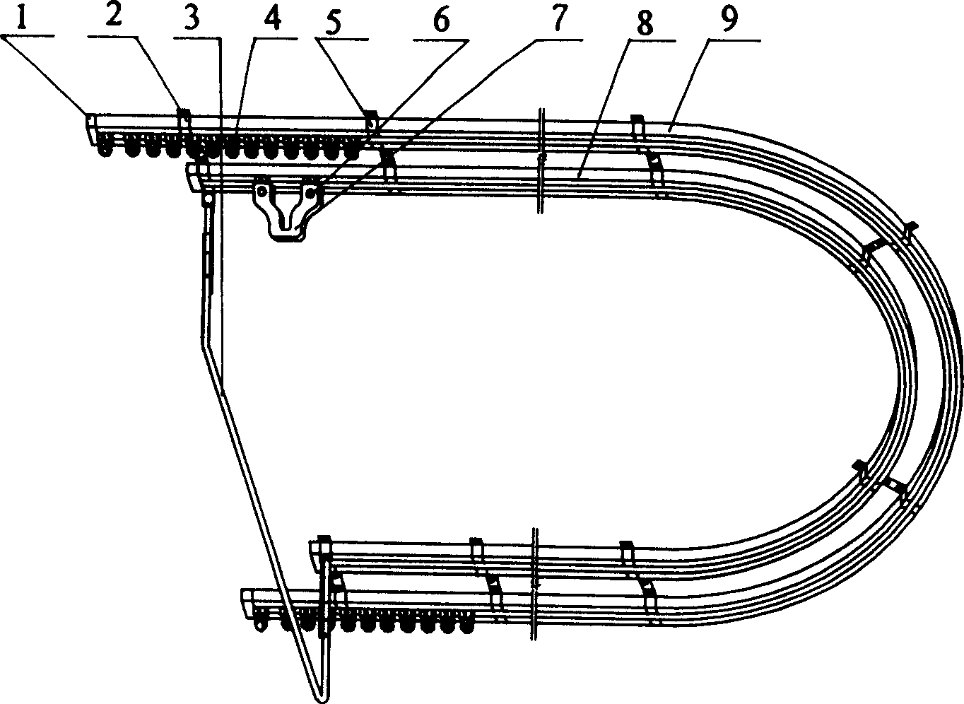 Suspended railing device for medical curtain