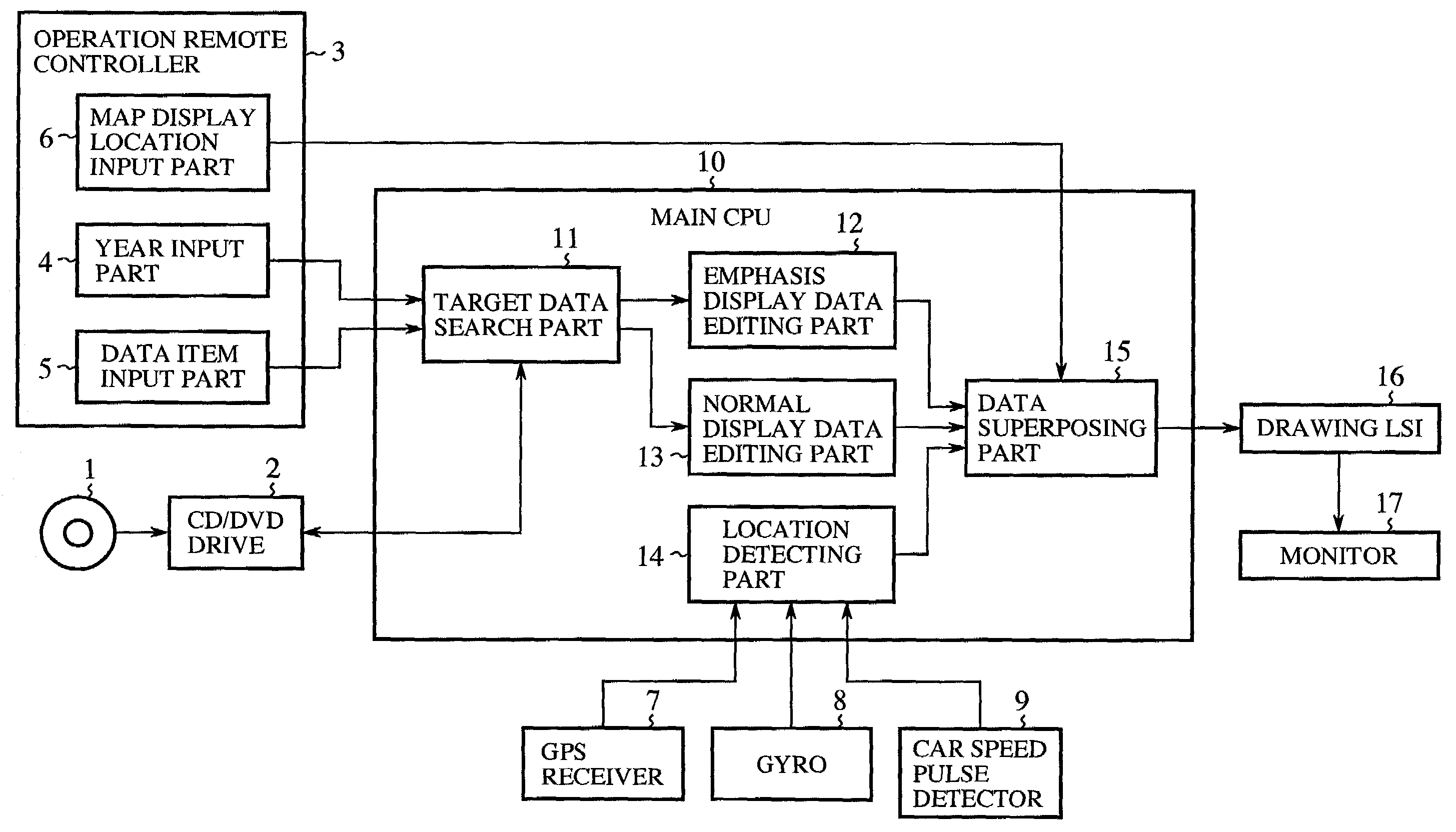 Navigation device for displaying dated map data