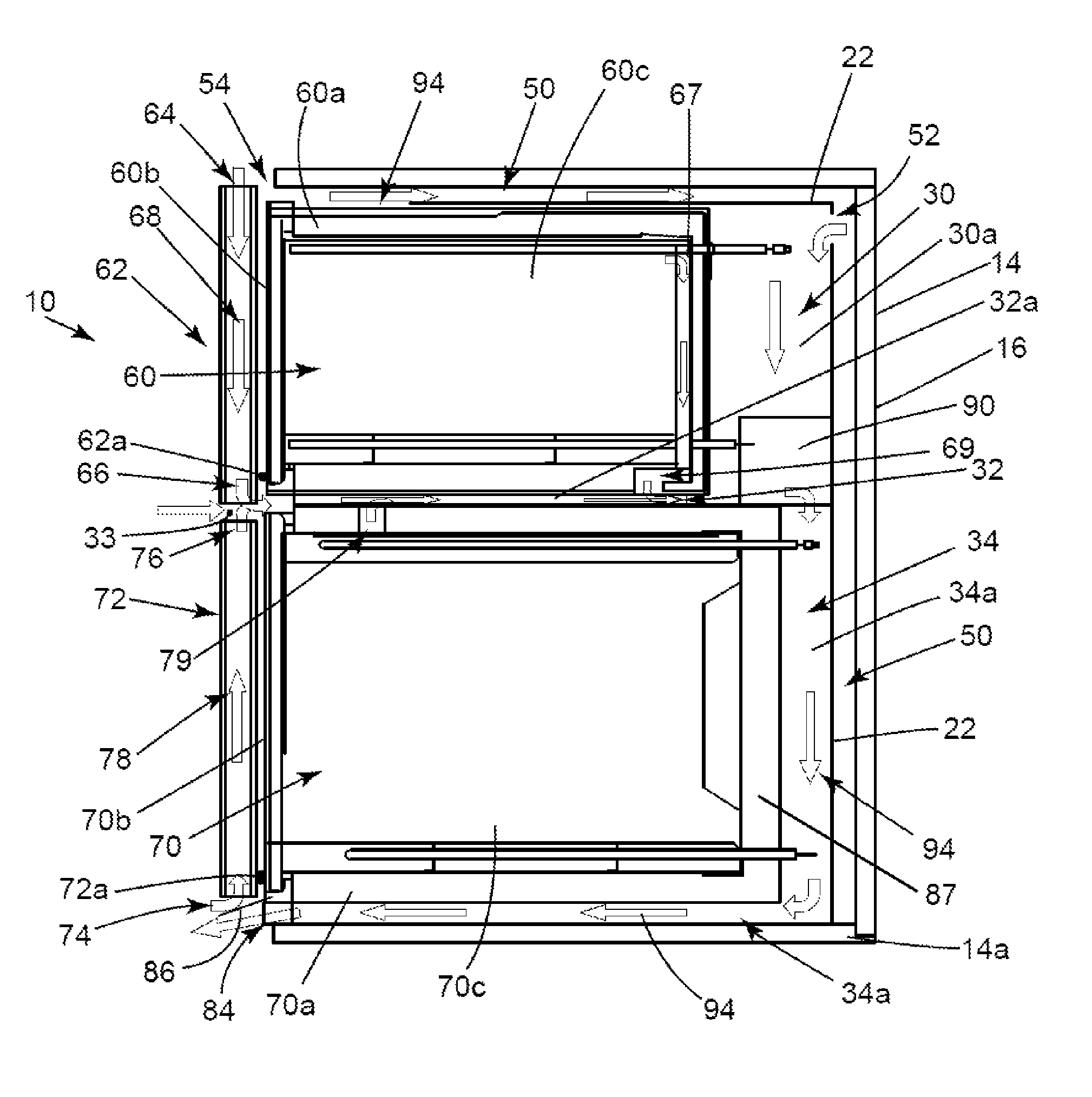 Appliance with a vacuum-based reverse airflow cooling system using one fan