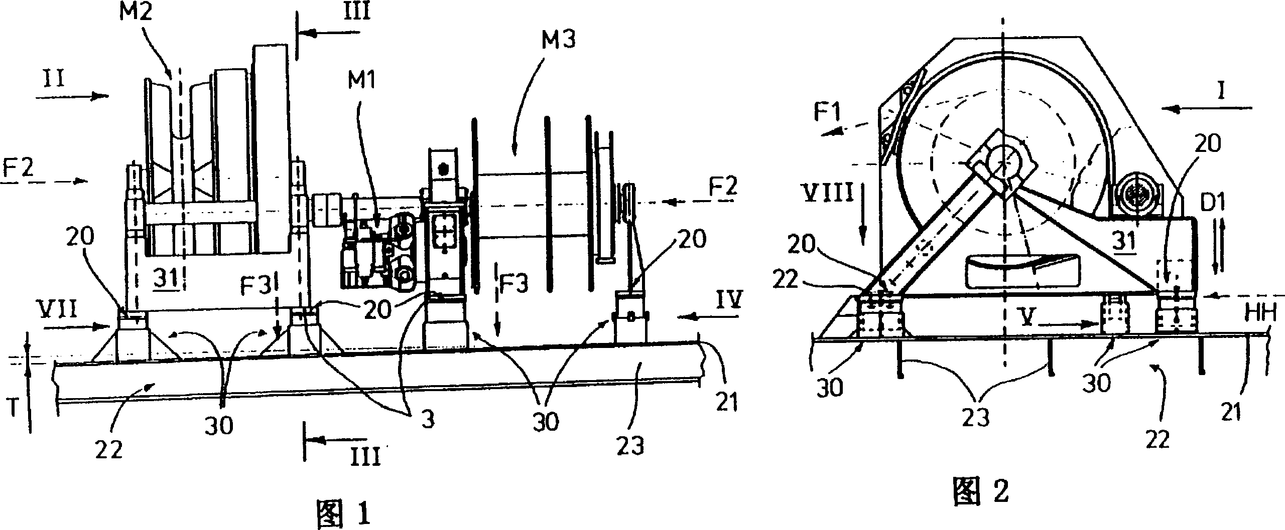 Adjustable base of mechanical unit on ship