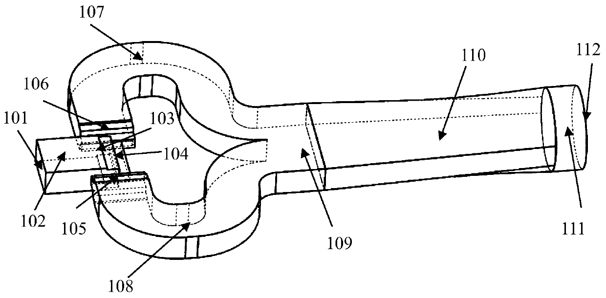 Rectangular TE10 mode to round waveguide TE21 mode converter based on H-T joint power division network