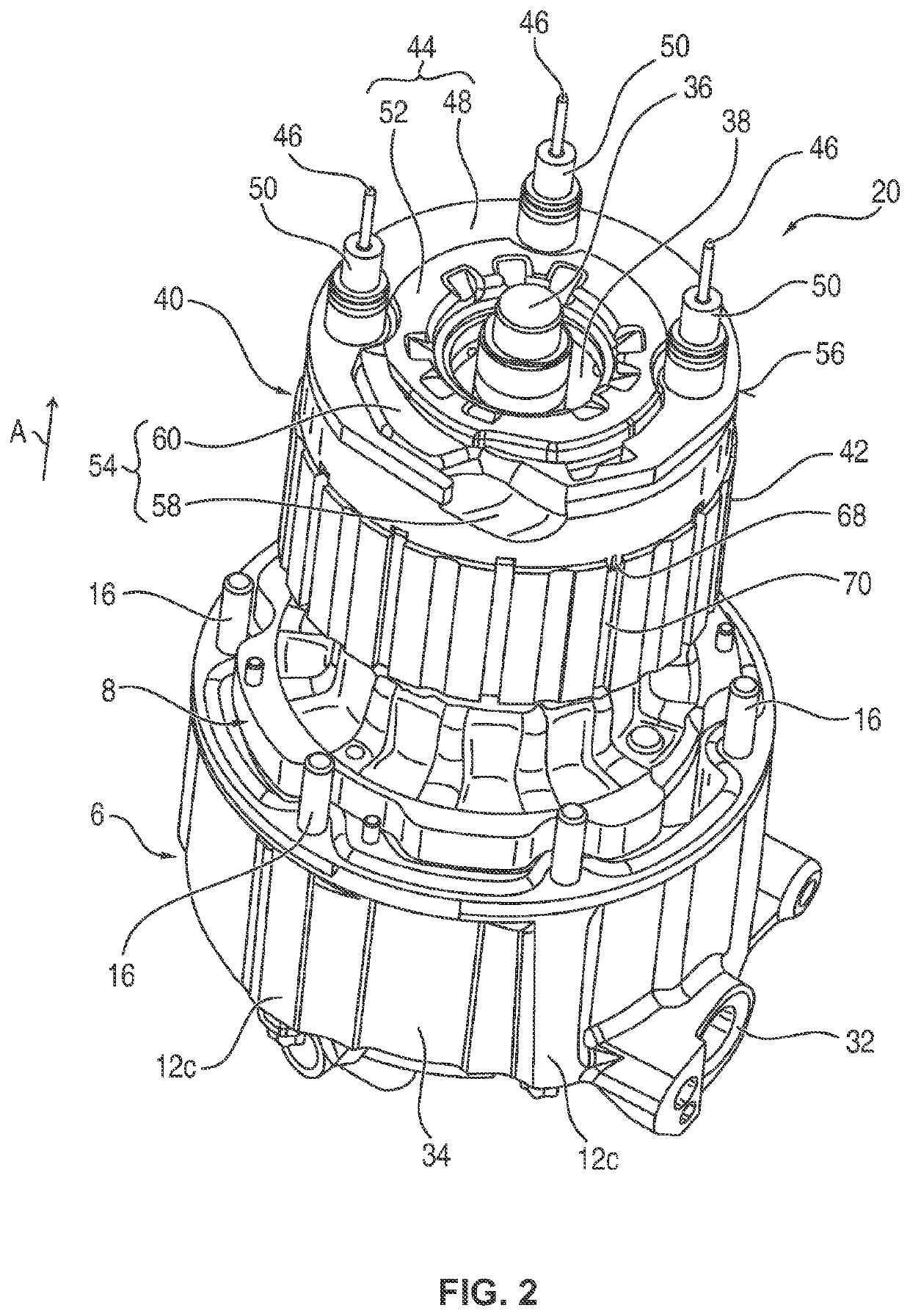 Stator of an electrical coolant drive, contact device for a stator and electrical coolant drive