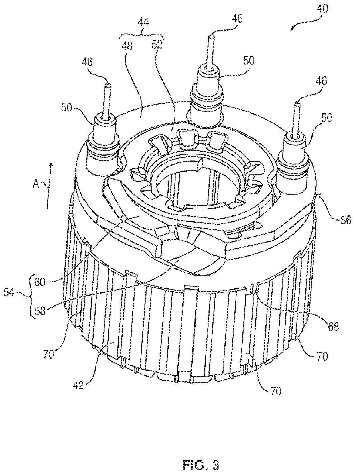 Stator of an electrical coolant drive, contact device for a stator and electrical coolant drive