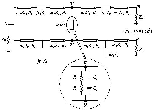 Three-port micro-strip power divider with arbitrary power division ratio and phase position output characteristics