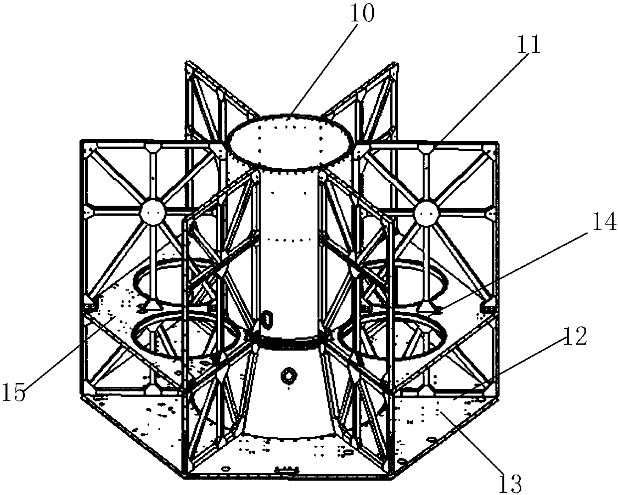 Sextant uniform-distribution type supporting device suitable for large satellite platform structure