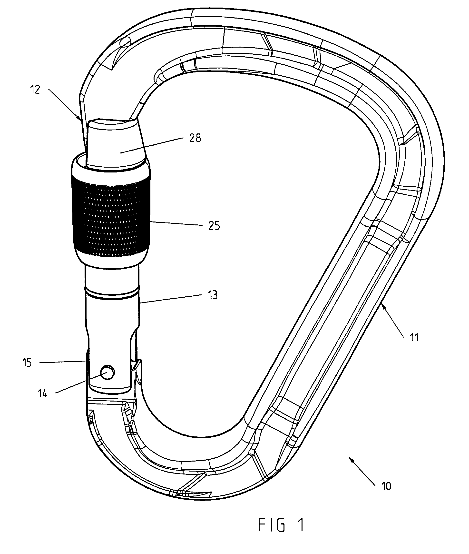 Carabiner with pivoting gate equipped with a locking ring