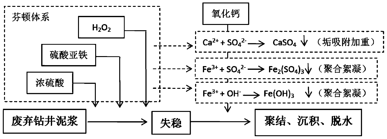 Method for dehydrating waste drilling mud on the basis of Fenton oxidation destabilization and scale adsorption weighted coupling