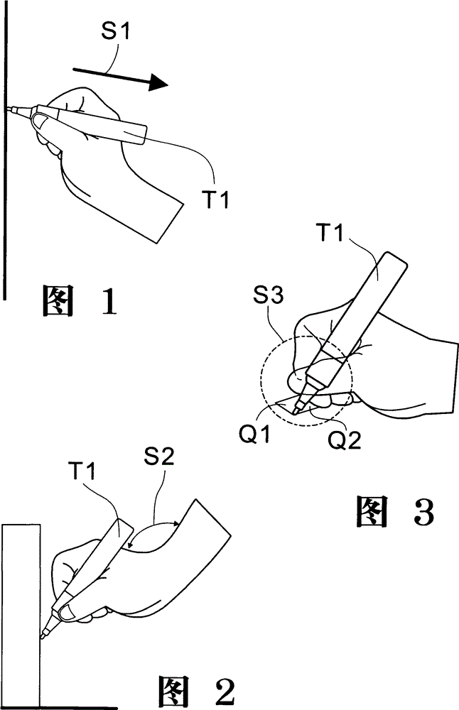 Marking pen with bent holding portion and clamped ink tube