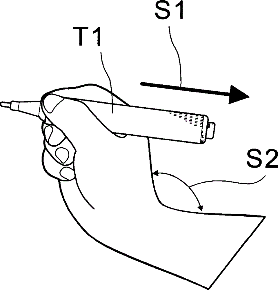 Marking pen with bent holding portion and clamped ink tube