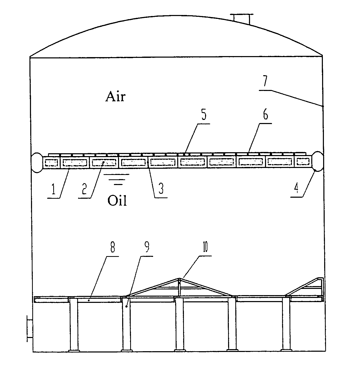 Oil storage tank equipped with a floating bed type inner floating roof