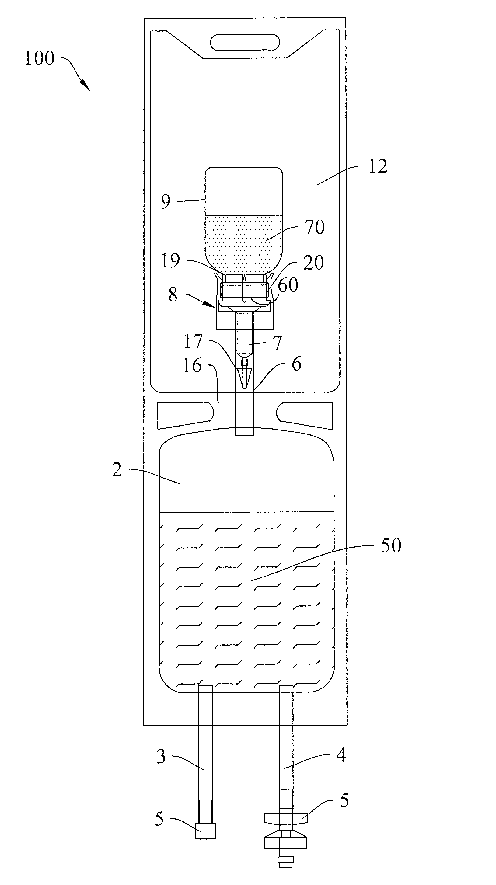 Flexible package with a sealed sterile chamber for the reconsitution and administration of fluid medicinal or nutritional substances instillable into the body of a patient