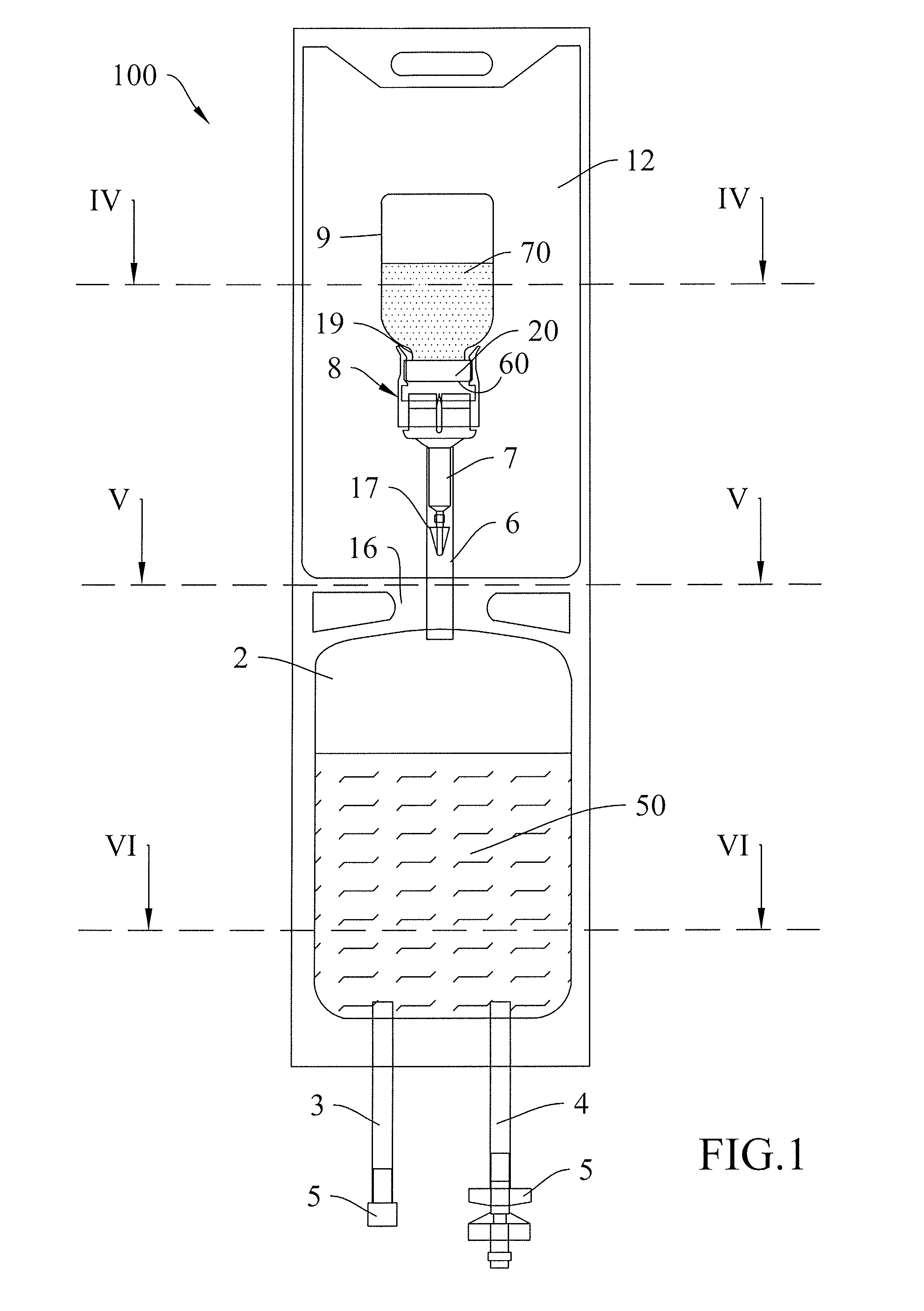 Flexible package with a sealed sterile chamber for the reconsitution and administration of fluid medicinal or nutritional substances instillable into the body of a patient