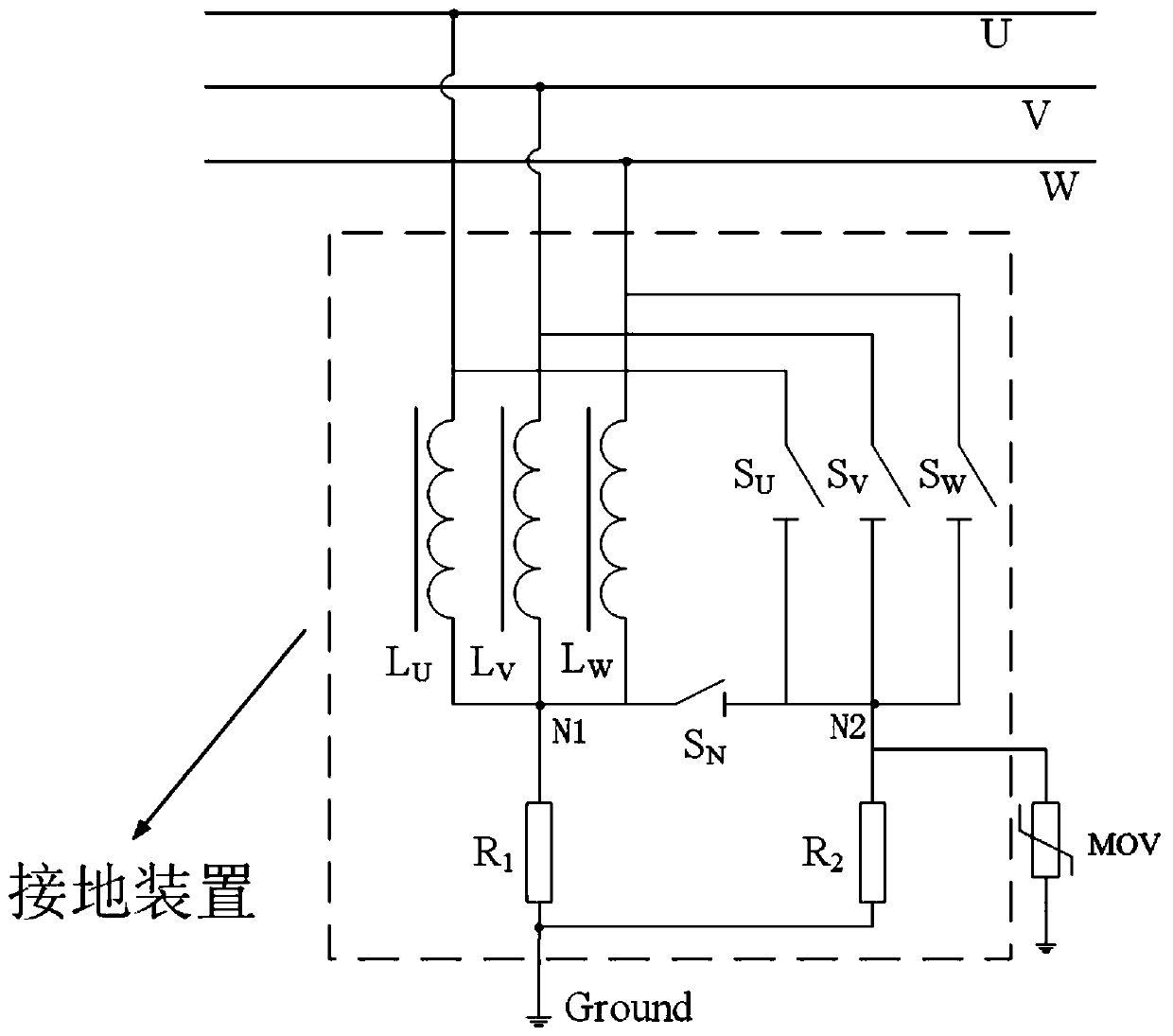 Grounding device for offshore wind power flexible direct current delivery system and control method thereof