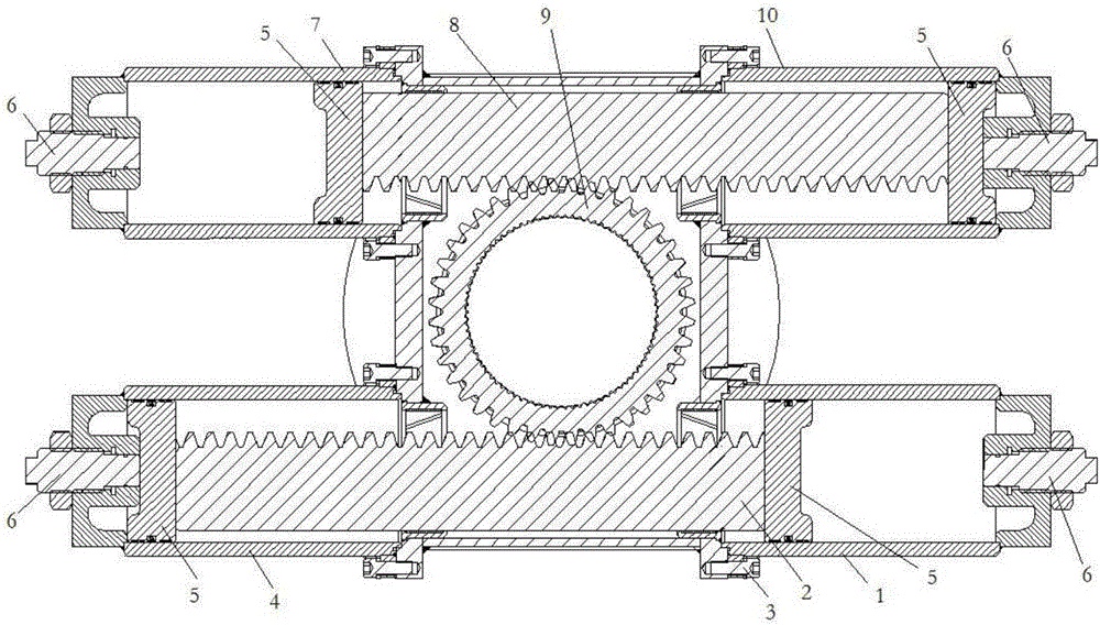 Hydraulic gear and rack oil cylinder for pipeline valve opening and closing