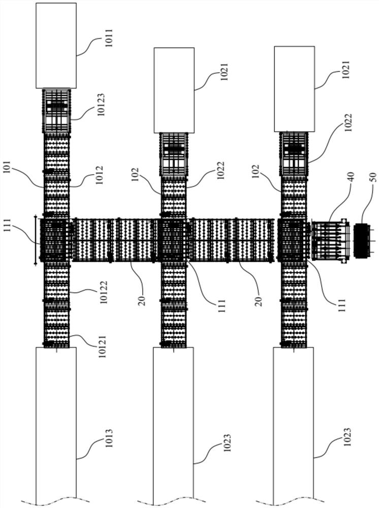 Glass machining transfer line, glass production line and glass machining transfer method