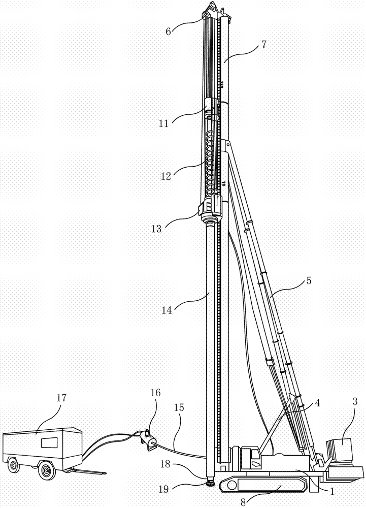 Device for drilling rock and embedding rock-socketed prestressed pipe pile by down-hole hammer and construction method of device