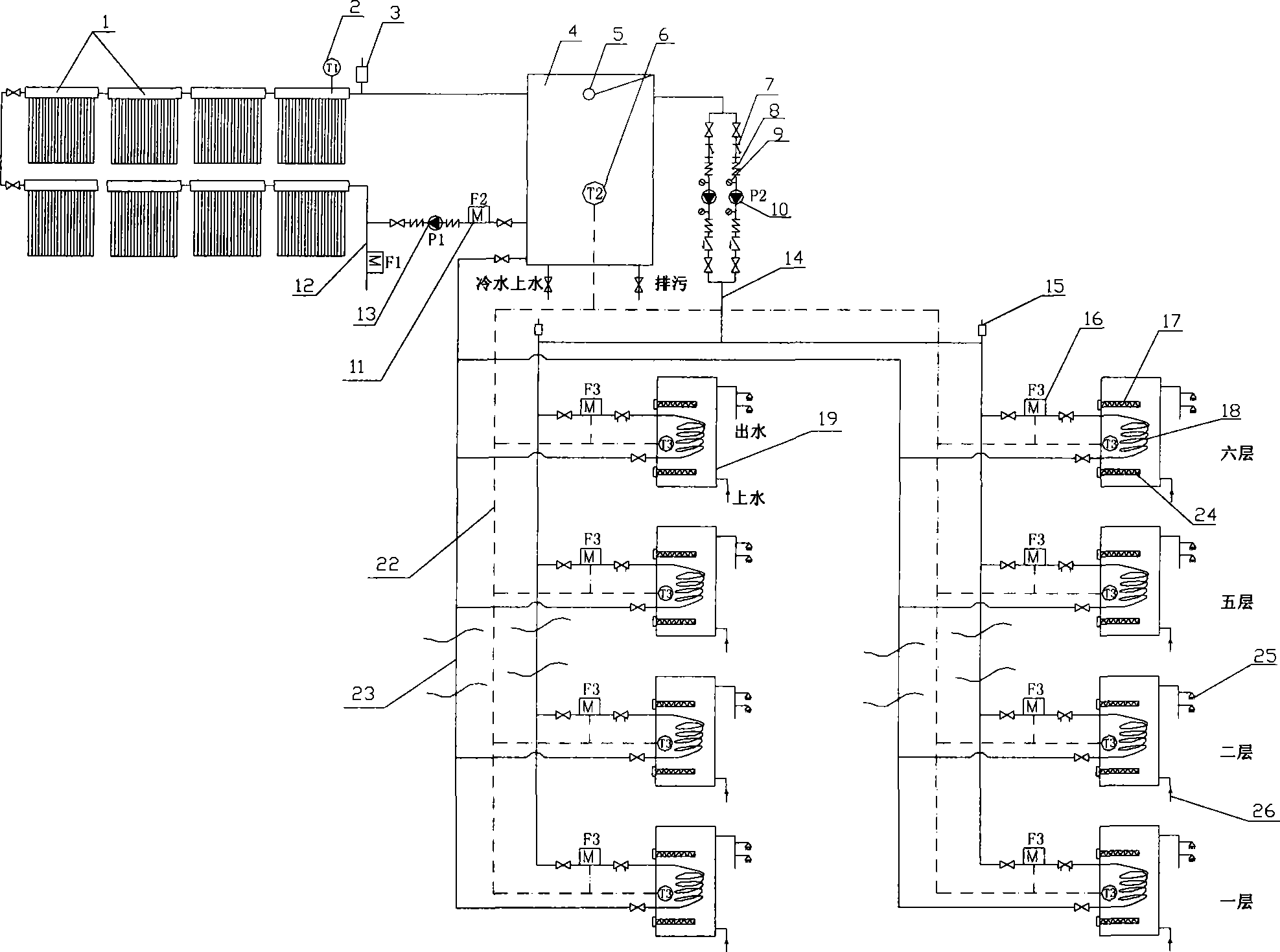 Solar centralized heat collection household water tank exchange heat supply system