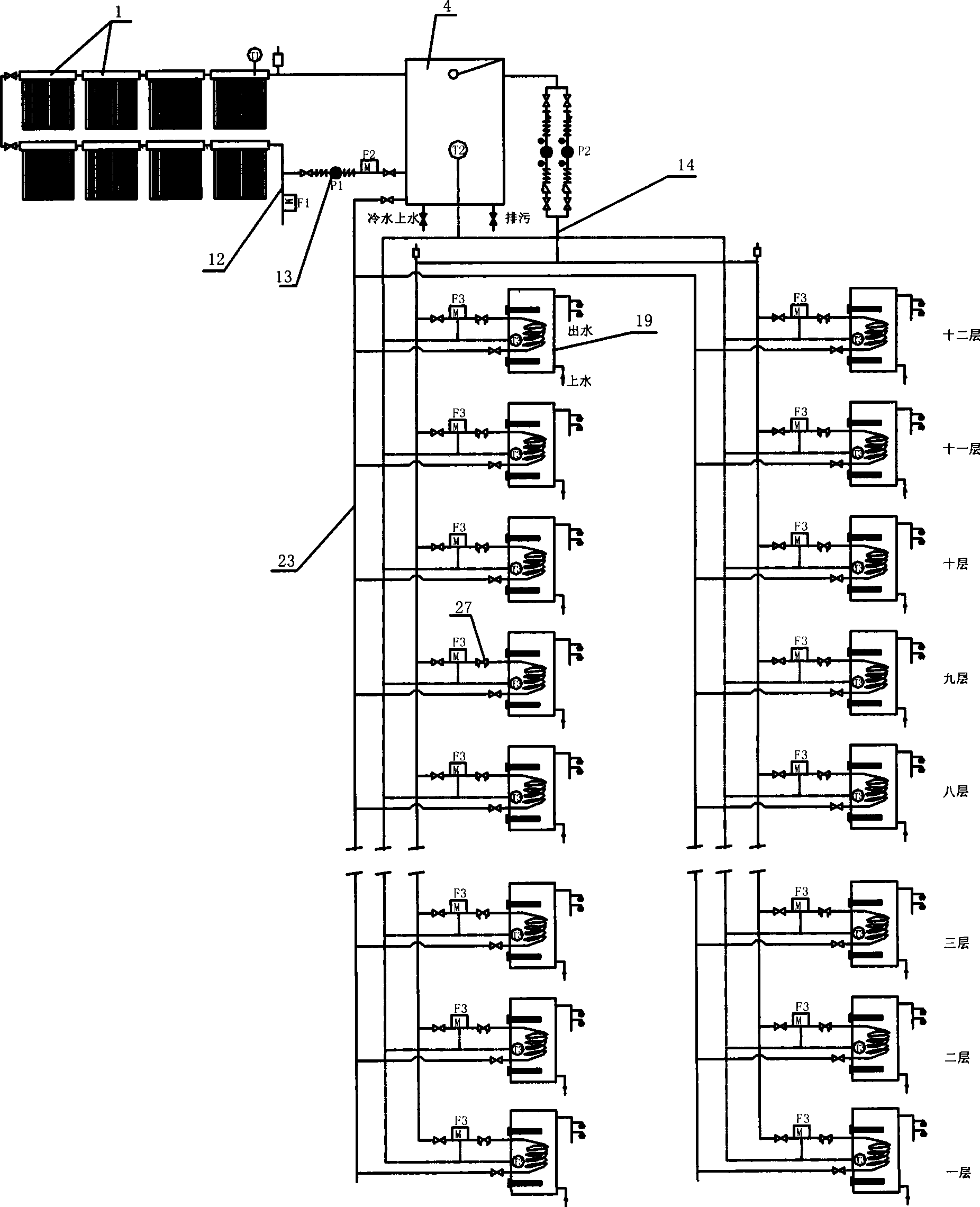 Solar centralized heat collection household water tank exchange heat supply system