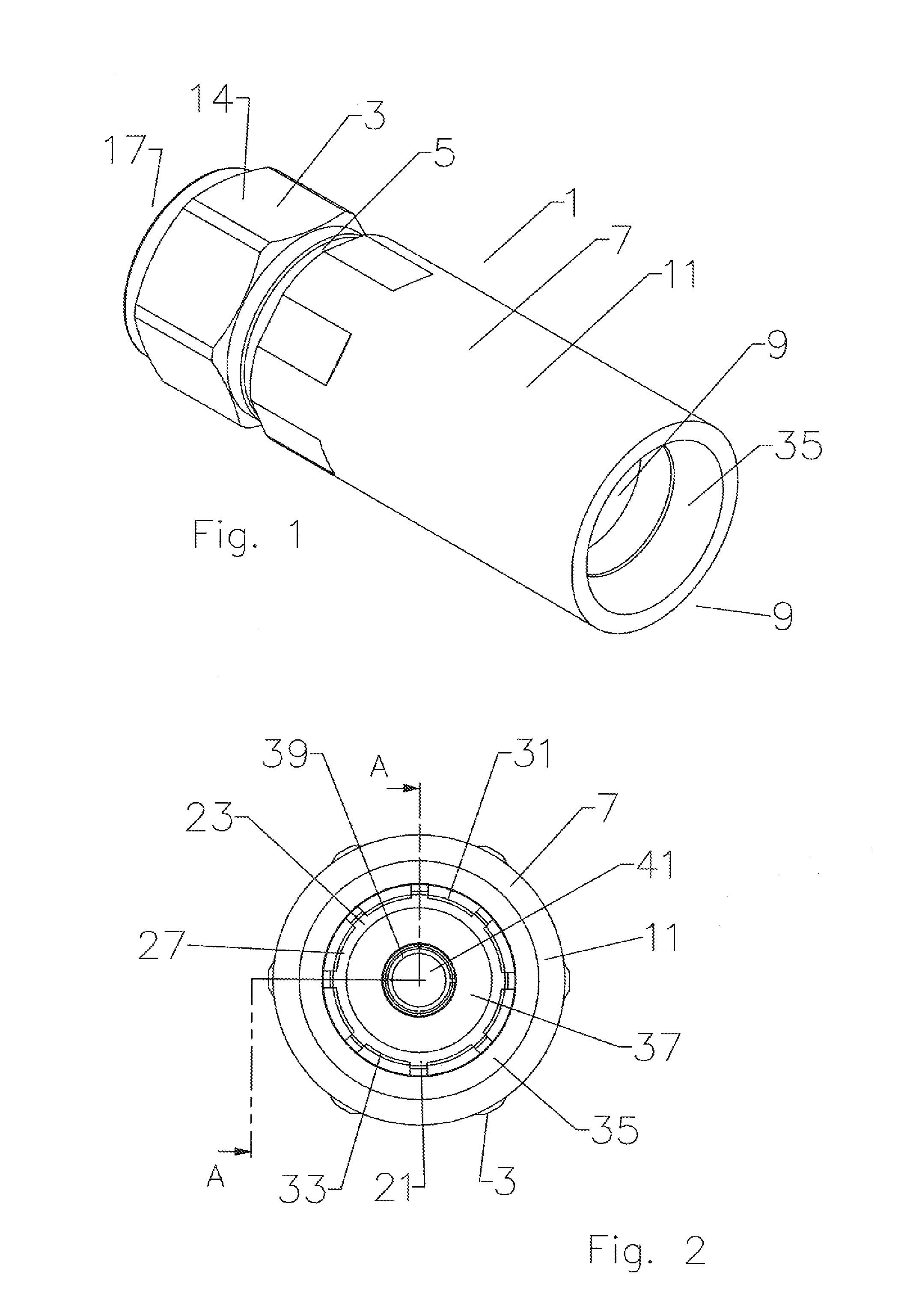 Axial compression electrical connector for annular corrugated coaxial cable