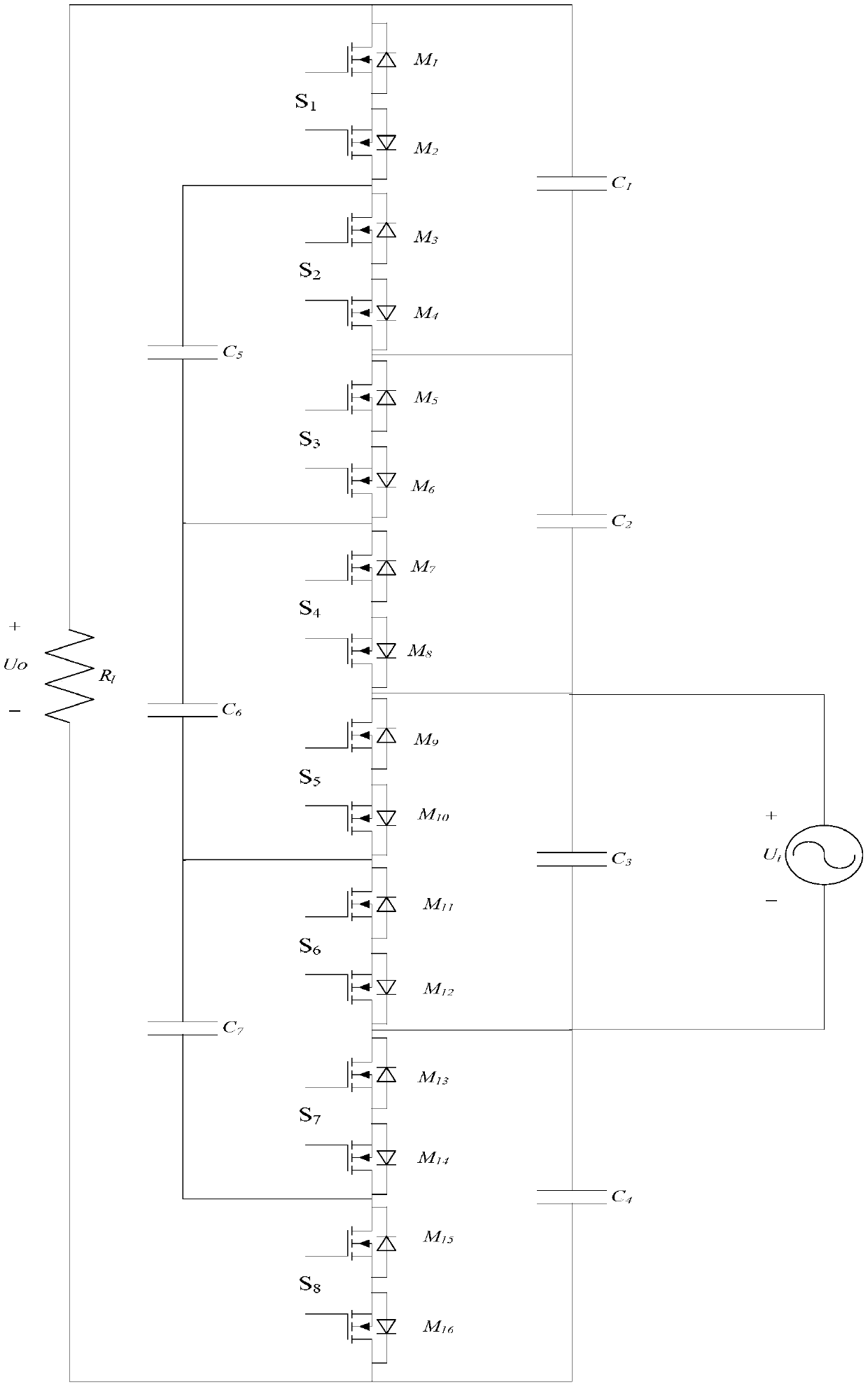 Switching switched capacitor ac-ac converter with fixed ratio 1/4 or 4