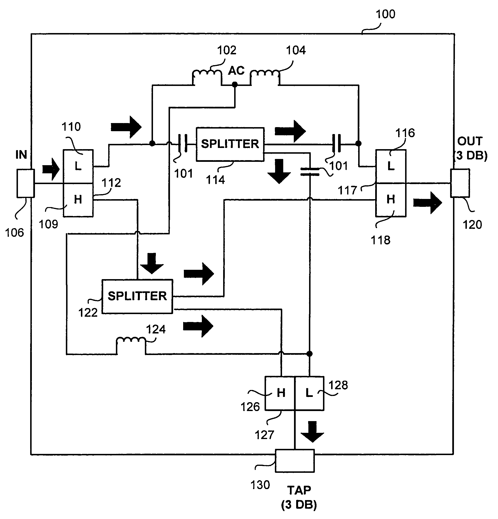 Wideband CATV signal splitter device