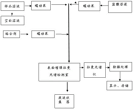 Flow injection surface-enhanced Raman spectroscopy detection device and method for determining copper in water