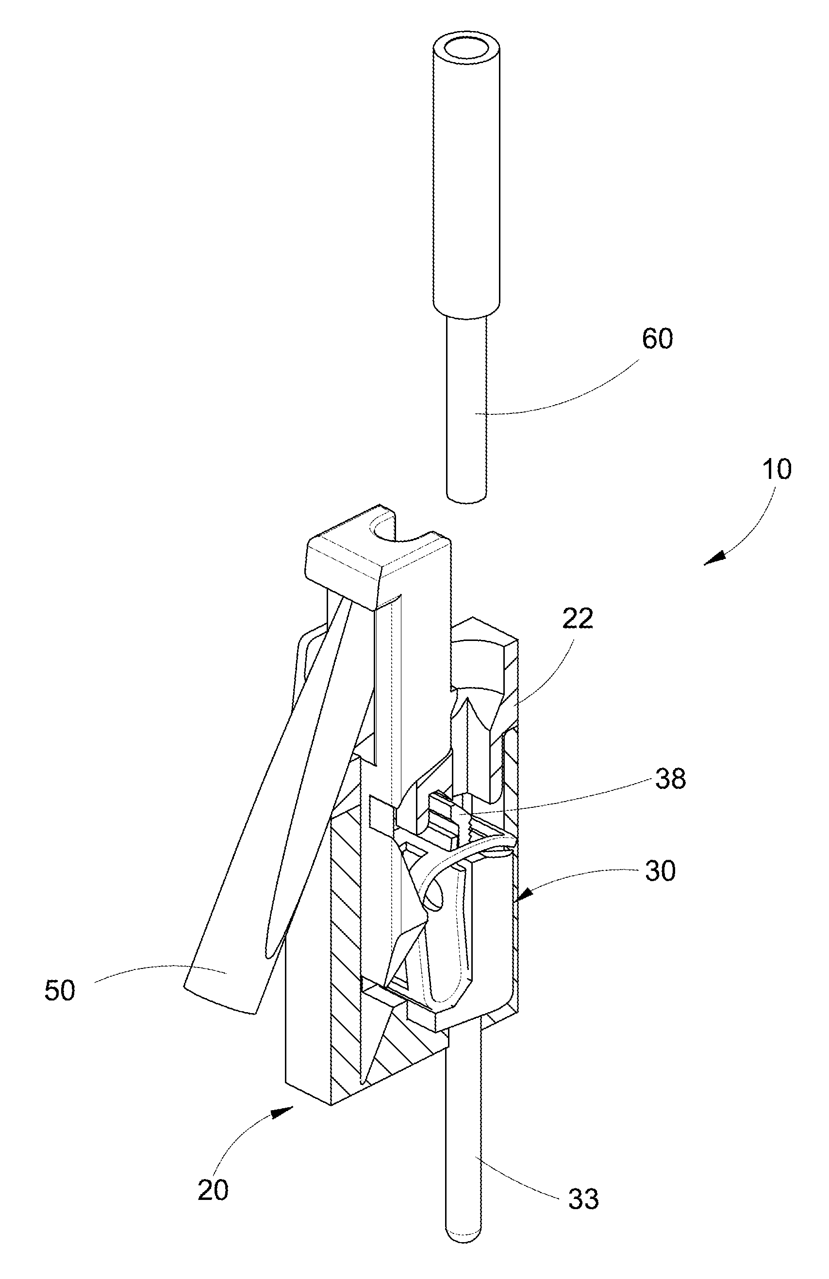 Electrical connecting device with spring connection element and compact actuator and multi-pole plug connector comprising a plurality of said spring contacts