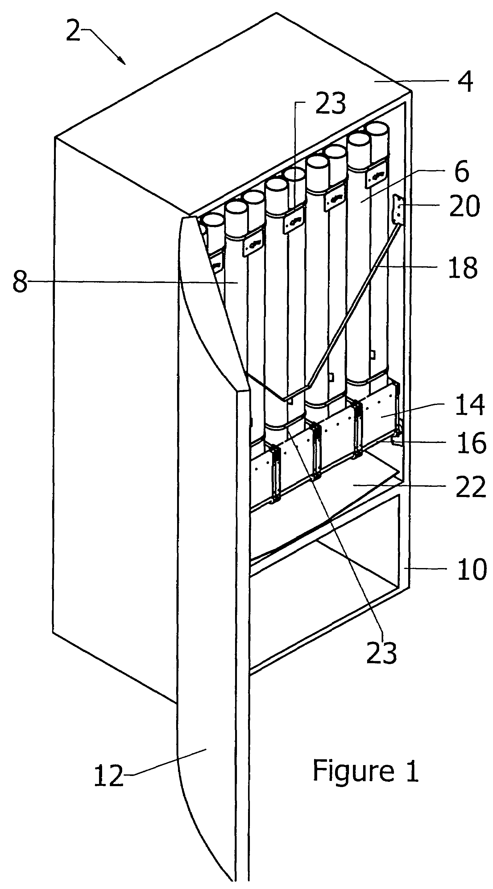 Dispensing machine to store and dispense elongated containers vertically