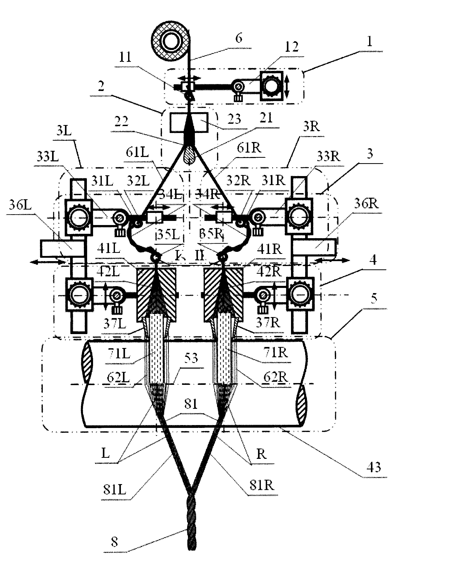 Symmetrical beam-splitting filament-spreading double-lower support 2*2 shafting composite yarn, spinning method and application