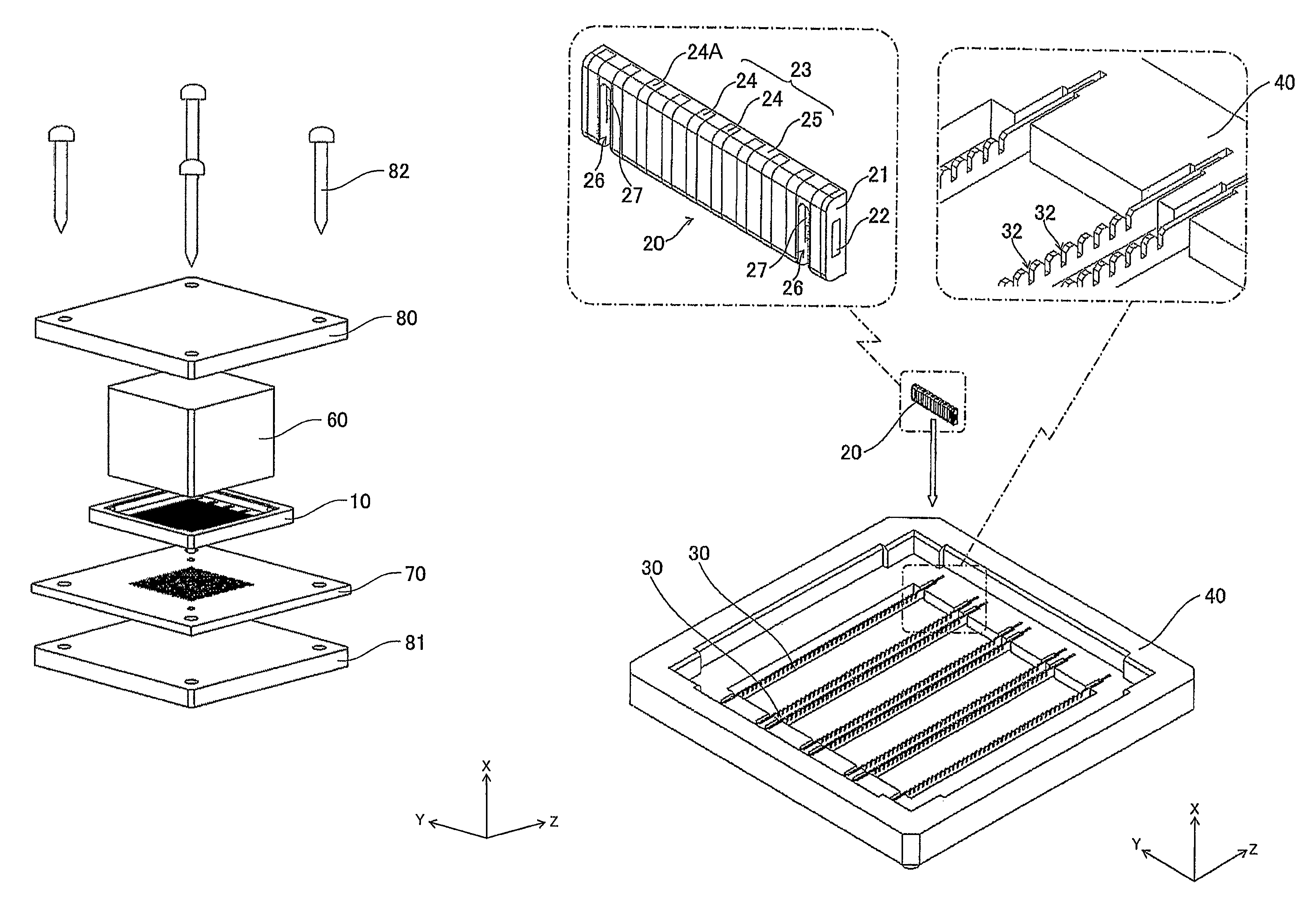 Connector with connecting members held by a beam supported by a supporting member