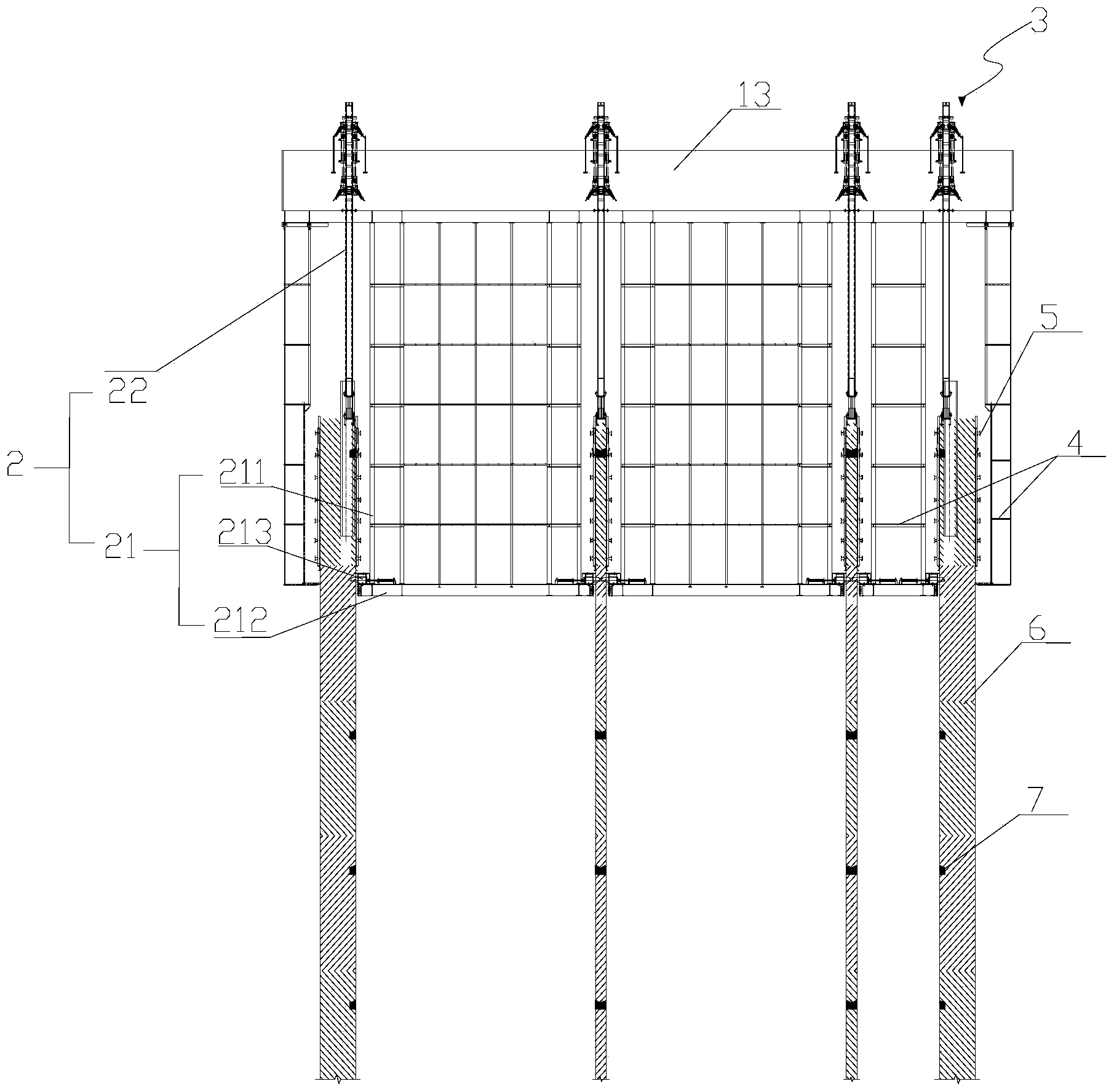 Steel column drum rack support type hydraulic lifting overall steel platform cross truss layer construction method