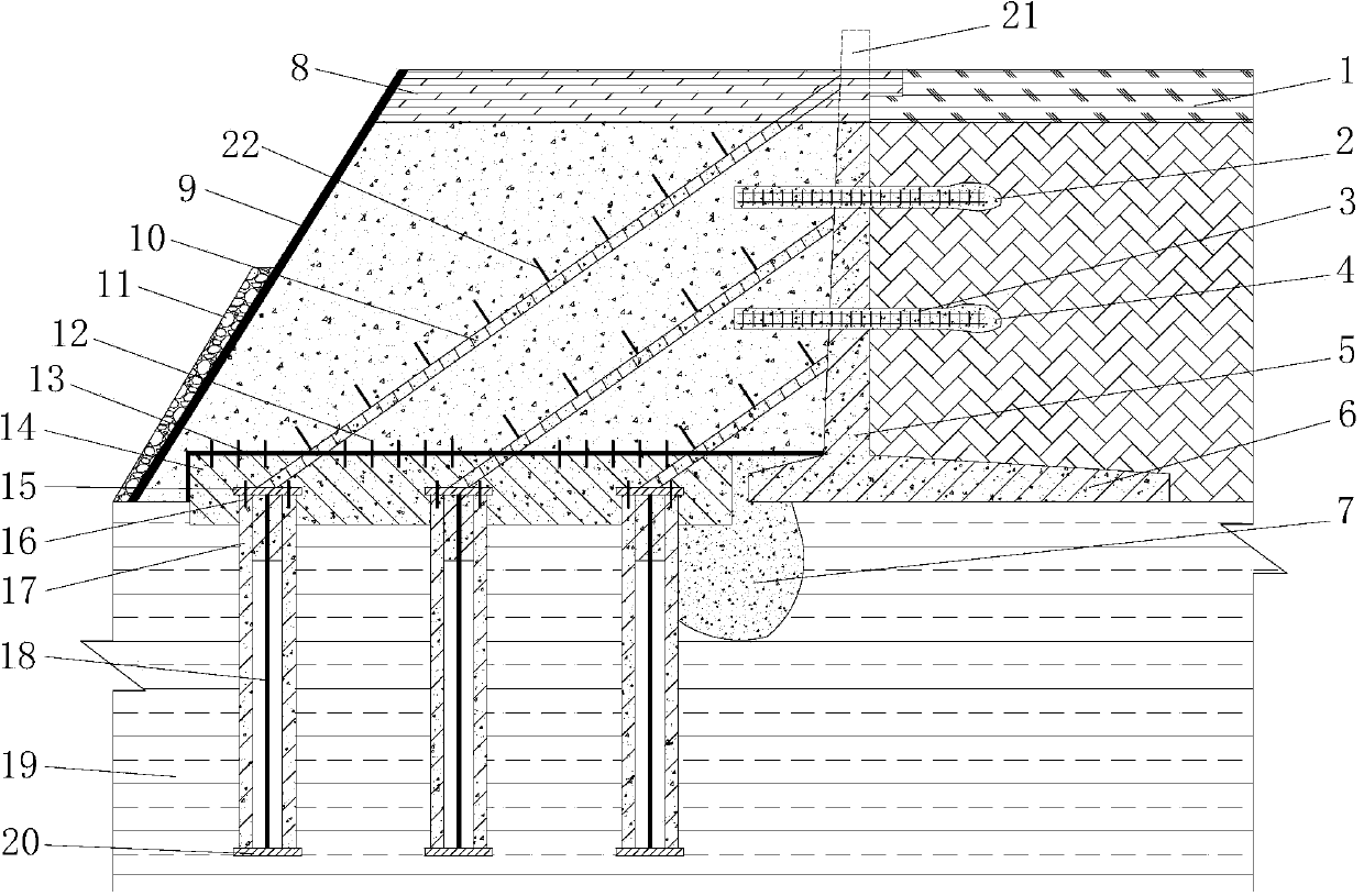 Widened embankment structure with beside-water cliff high retaining wall fill section and construction method of widened embankment structure