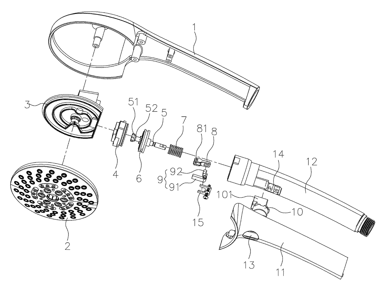 Button switching type handheld shower head