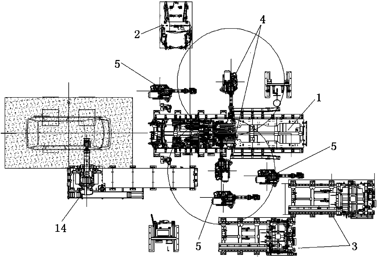 Line feeding positioning system and line feeding positioning method for three big assemblies of lower vehicle body