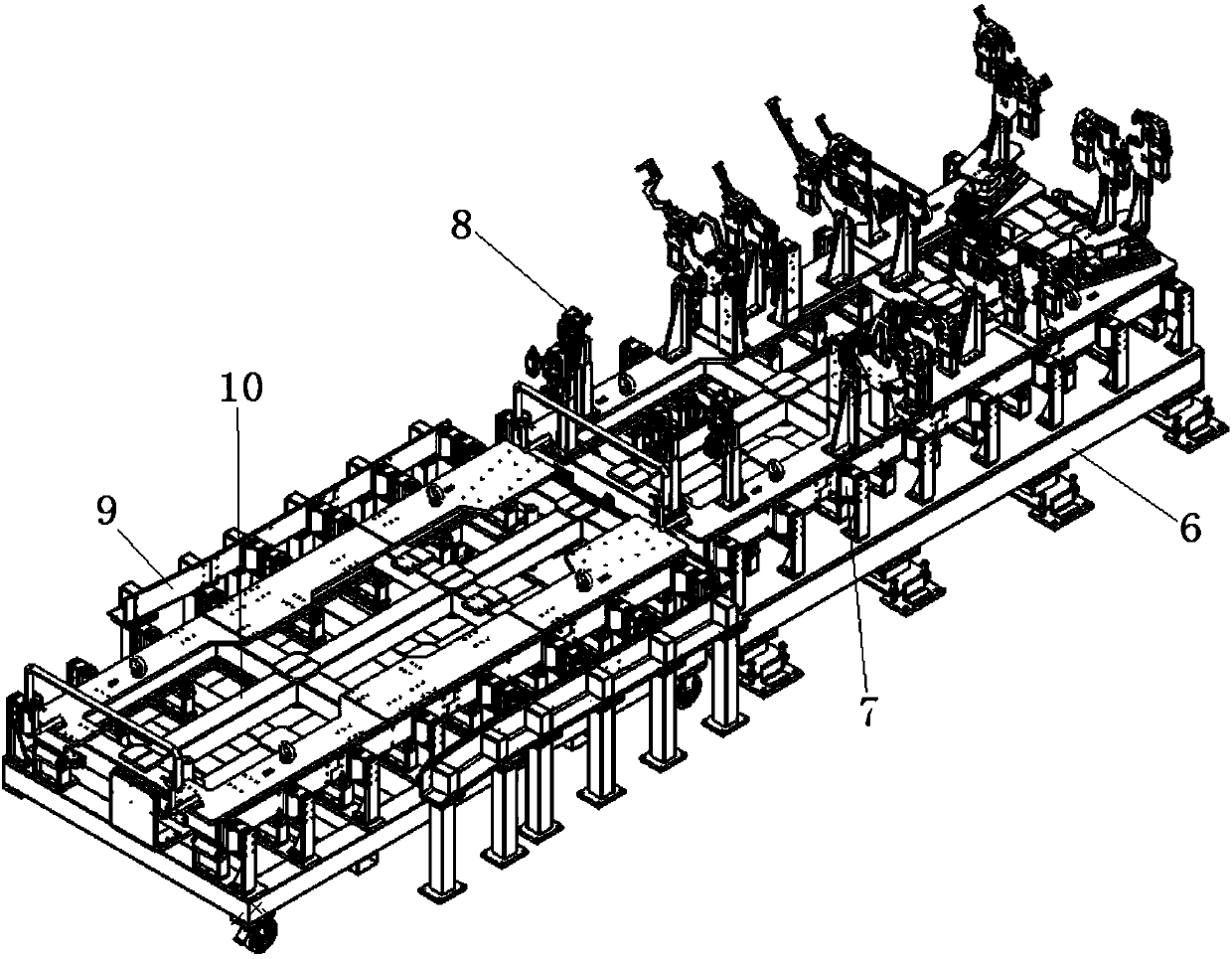 Line feeding positioning system and line feeding positioning method for three big assemblies of lower vehicle body