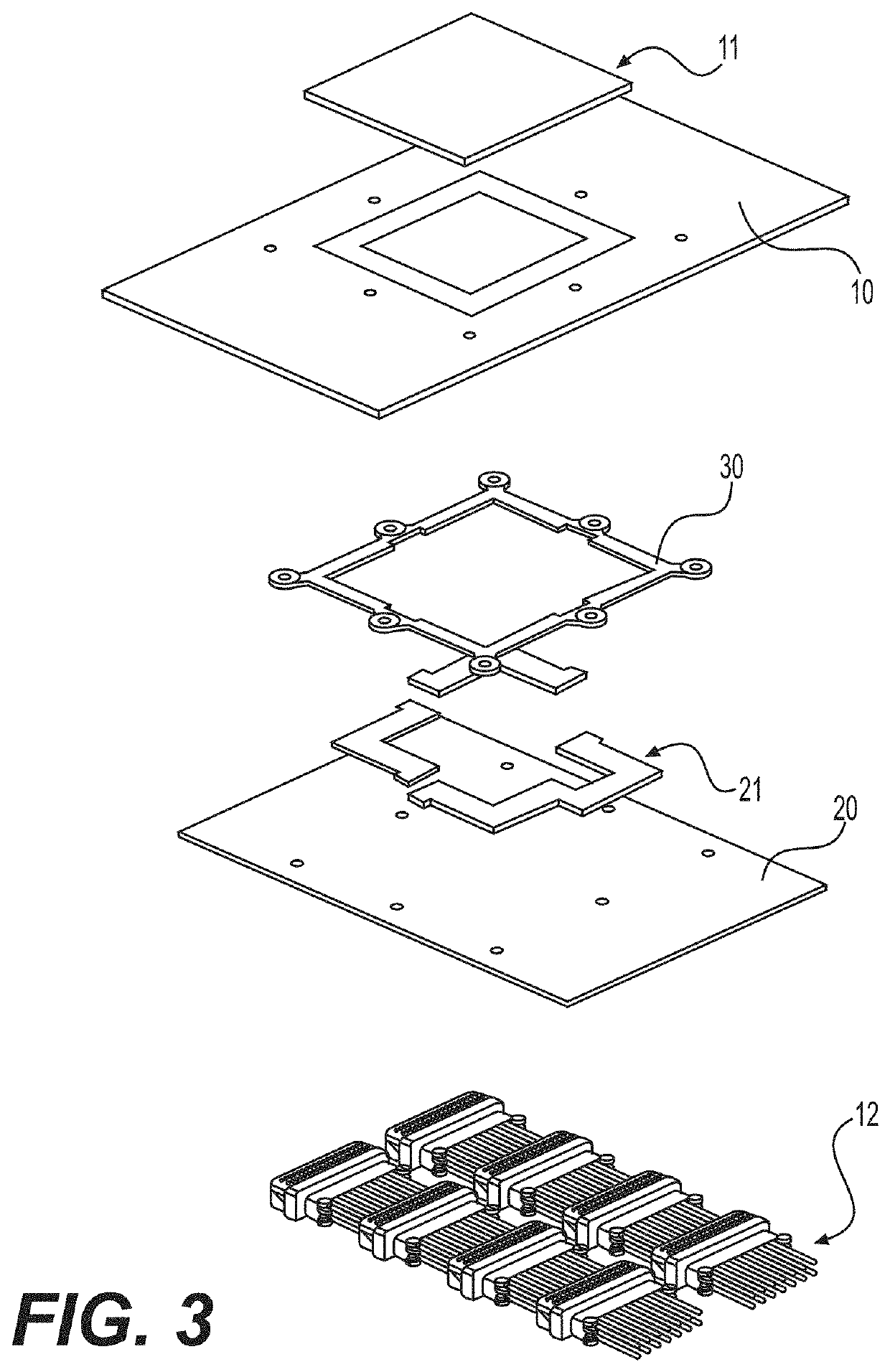 Multiple circuit boards with high-density compression interconnect