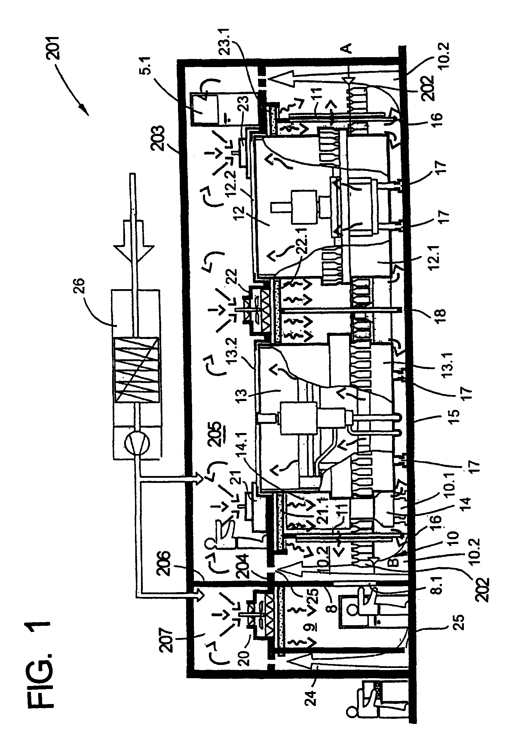 Aseptic bottling or container filling plant with a clean room arrangement enclosing the aseptic bottling or container filling plant and a filter unit for filtering air entering the clean room, and a method of operation thereof