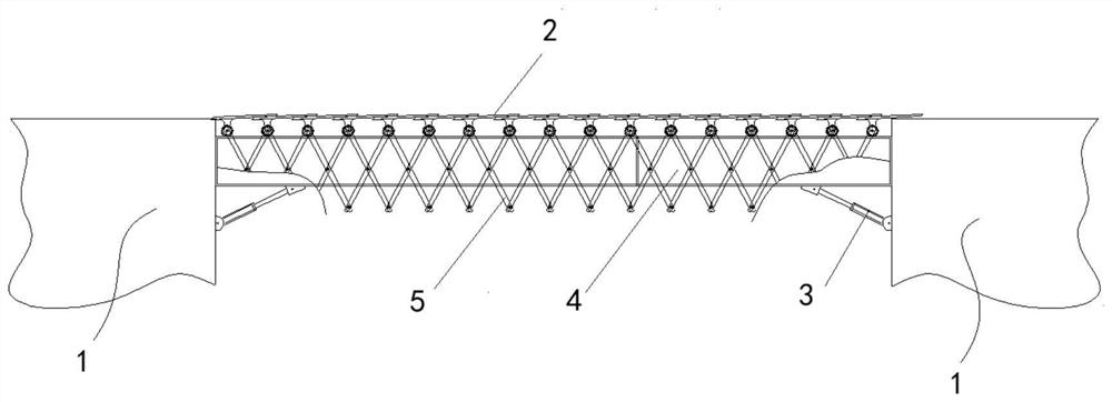 Flexible connecting bridge between large floating bodies capable of restraining motion